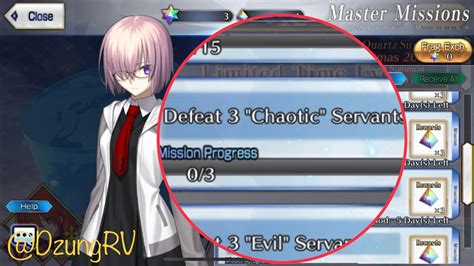 Defeat chaotic evil servant fgo - Fuyuki is your best bet for most servant missions. Chaotic, Lawful, Evil, Good, Dragon, Divine, Male, Female, you can get almost everything there, except for Neutral and Balanced, which can both be found in Massilia, Septem. However, be very wary if you are required to defeat Archer class servants.